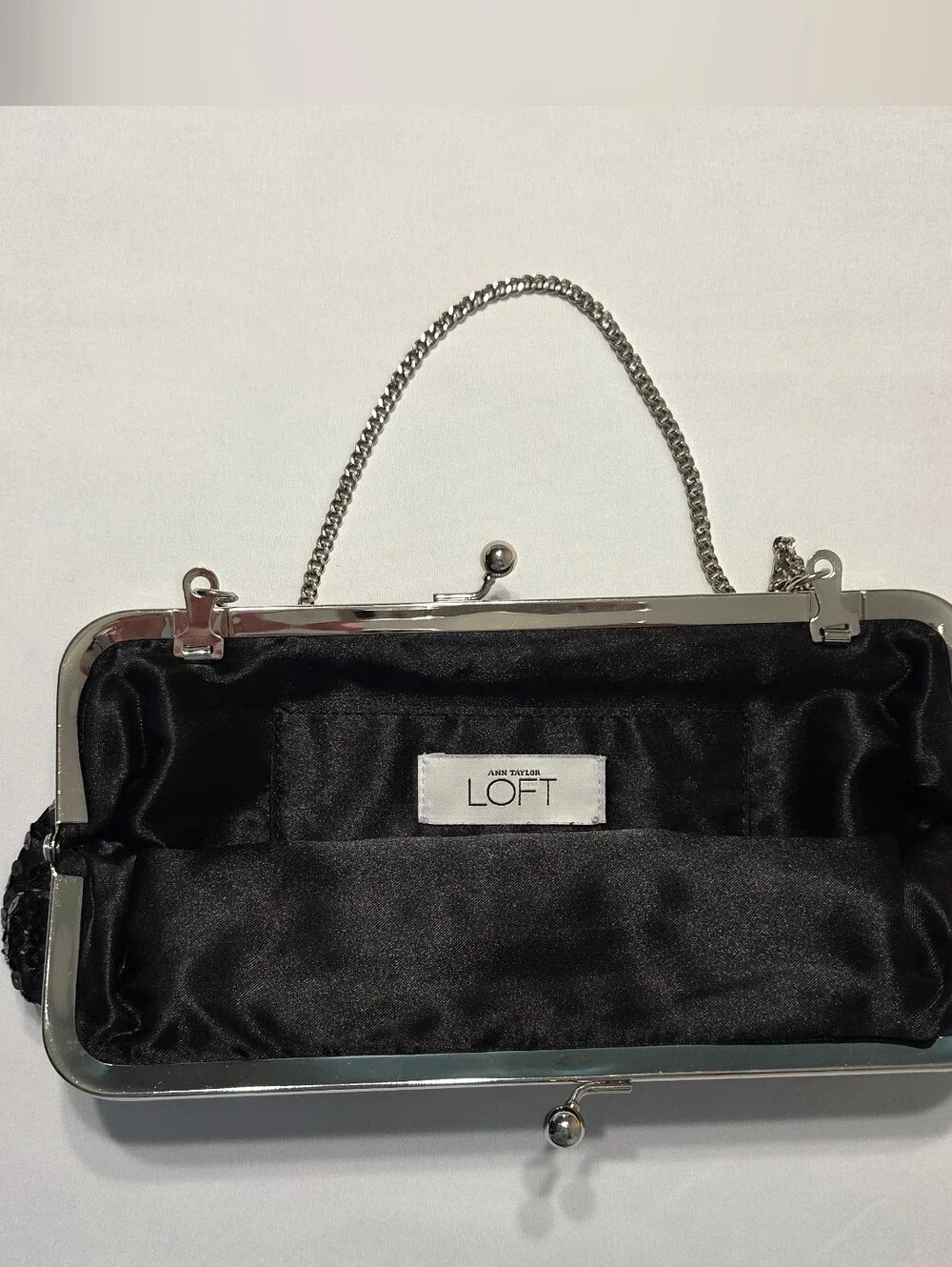 LOFT Black Sequin Evening Clutch with Silver Chain